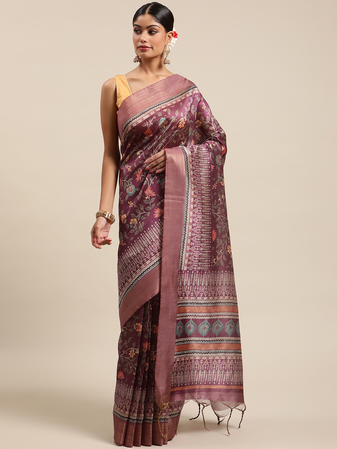 

VISHNU WEAVES Burgundy & Yellow Kalamkari Zari Silk Cotton Tussar Saree