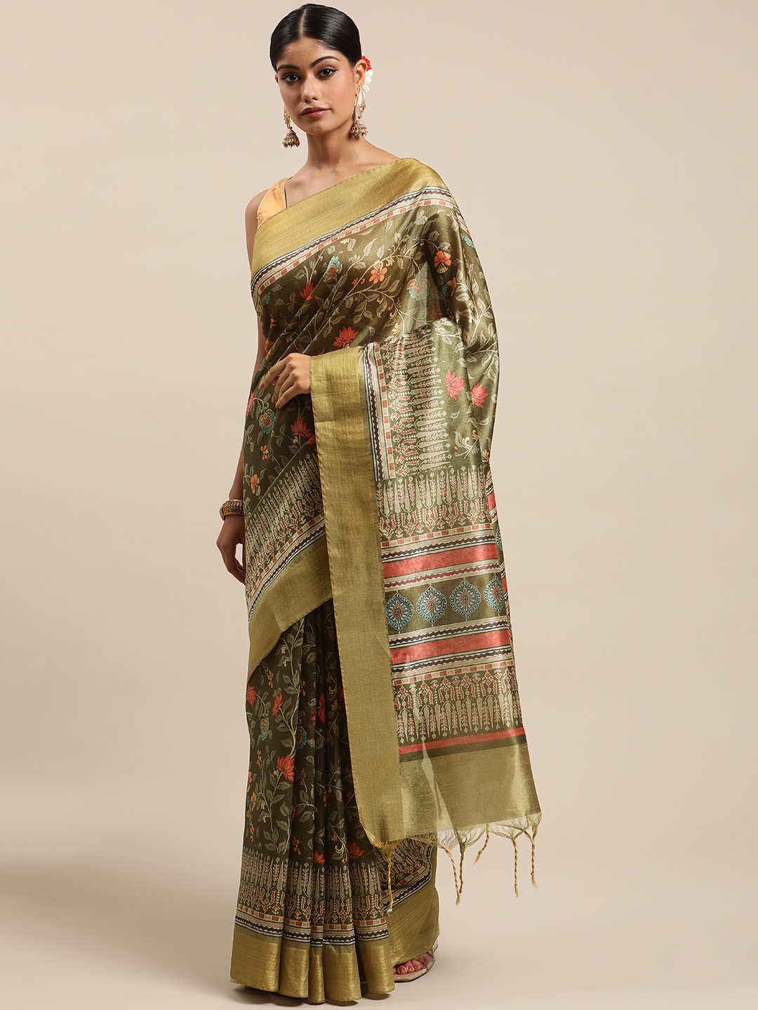

VISHNU WEAVES Olive Green & Pink Kalamkari Zari Silk Cotton Tussar Saree