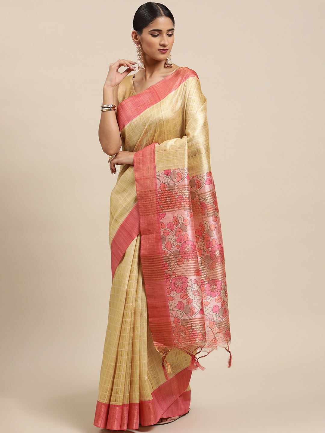 

VISHNU WEAVES Yellow & Pink Ethnic Motifs Zari Silk Cotton Tussar Saree