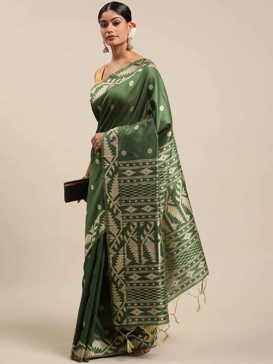 

VISHNU WEAVES Olive Green Ethnic Motifs Bhagalpuri Saree