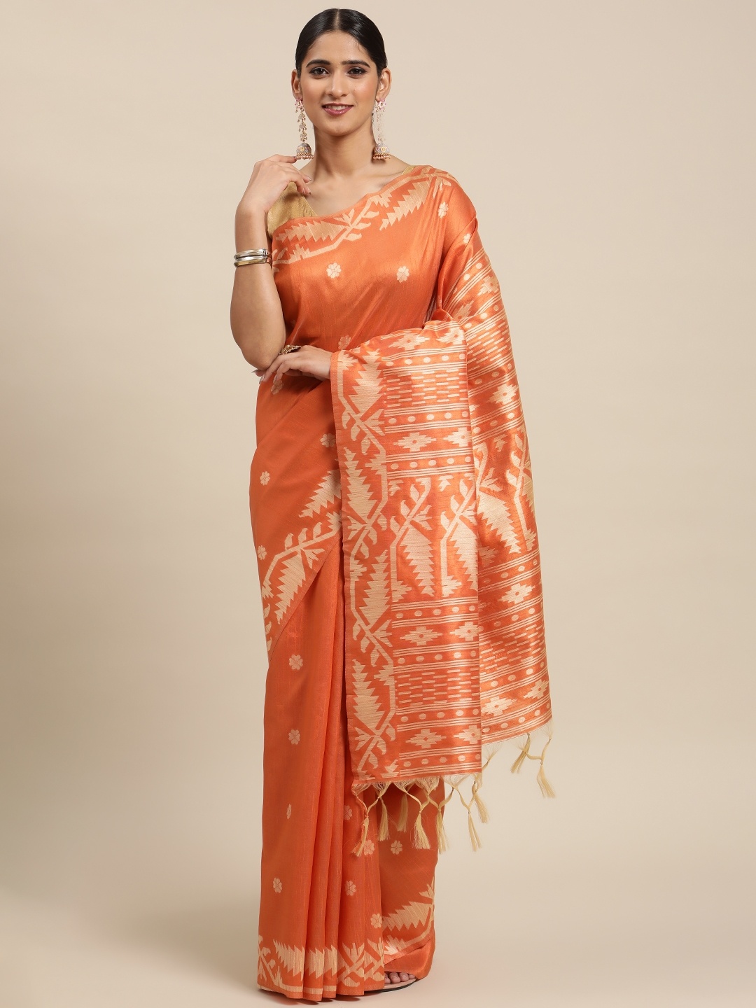 

VISHNU WEAVES Peach-Coloured & Beige Ethnic Motifs Bhagalpuri Saree