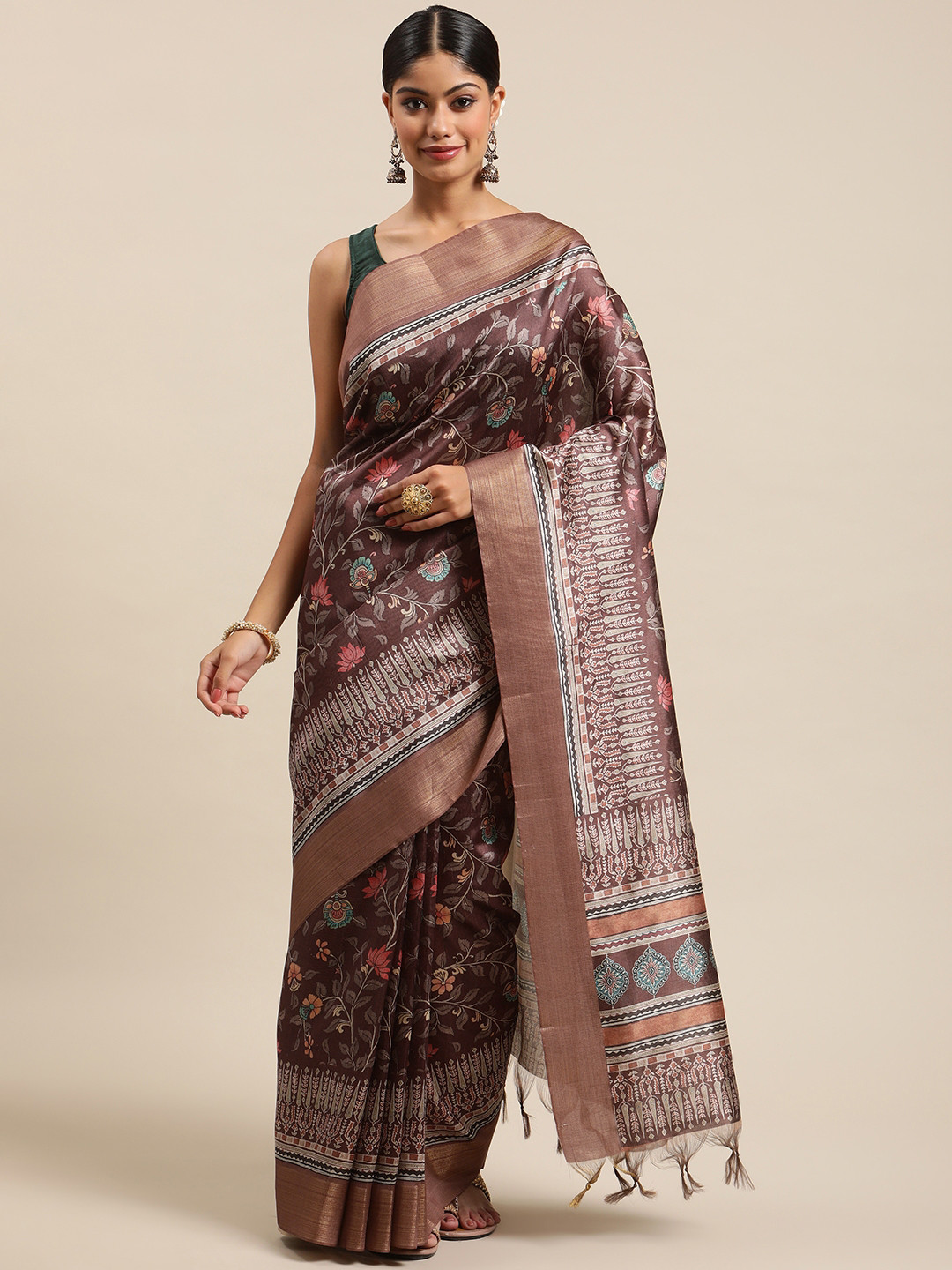 

VISHNU WEAVES Coffee Brown & Pink Kalamkari Zari Silk Cotton Tussar Saree