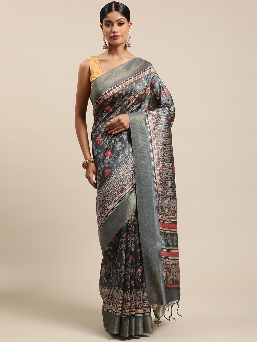 

VISHNU WEAVES Charcoal Grey & Pink Kalamkari Zari Silk Cotton Tussar Saree