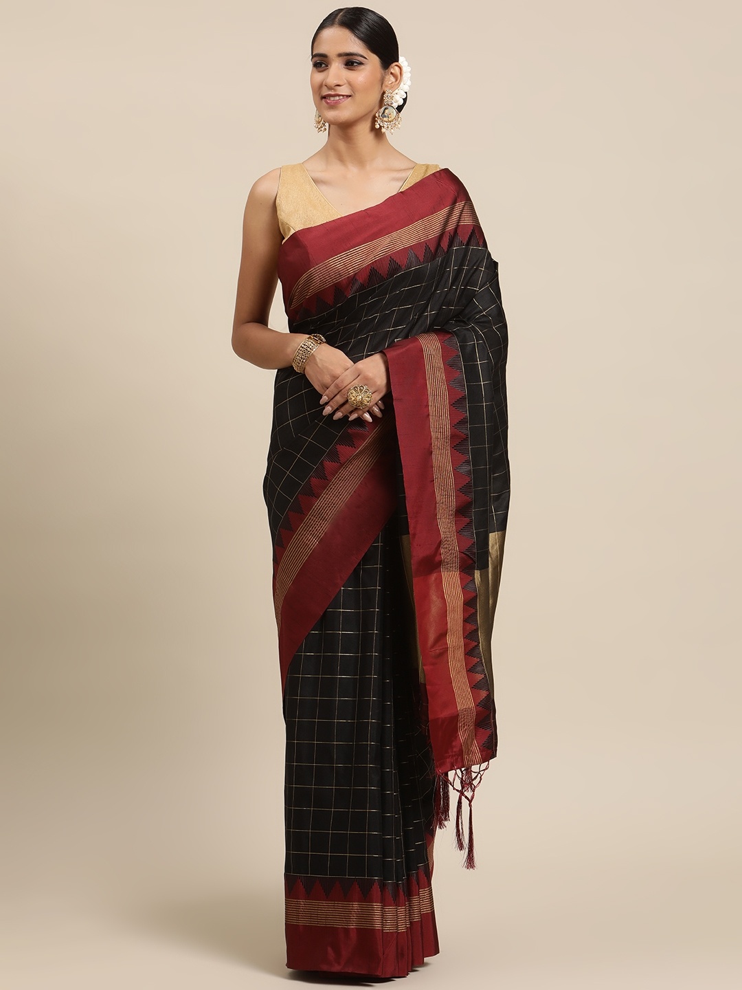 

VISHNU WEAVES Black & Maroon Checked Zari Saree