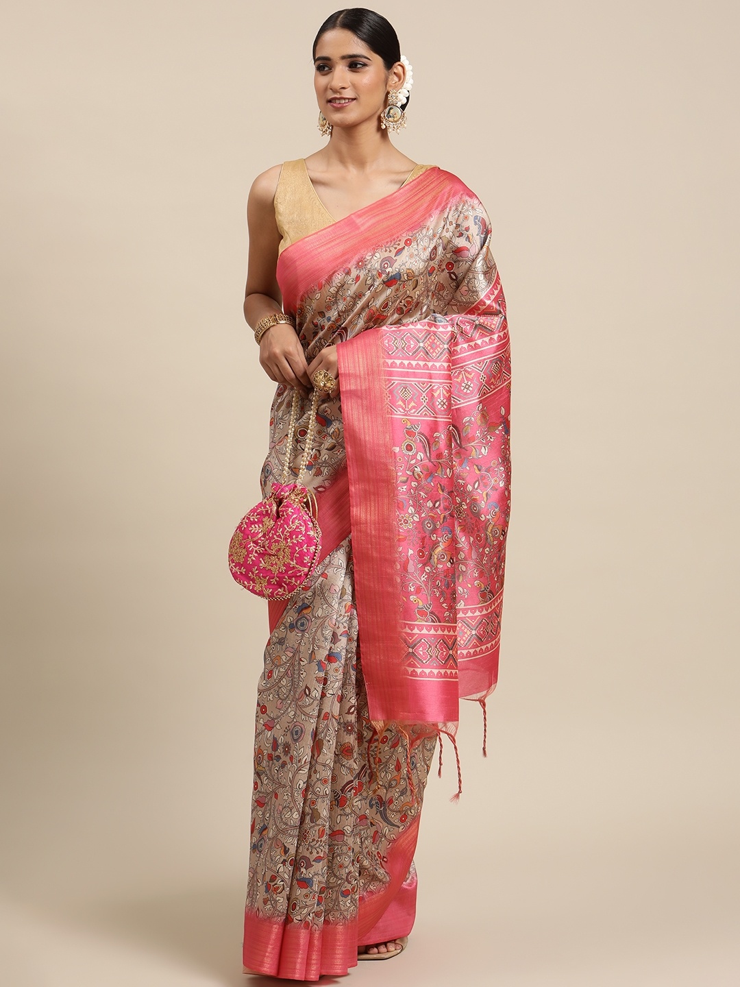 

VISHNU WEAVES Beige & Pink Kalamkari Zari Silk Cotton Saree