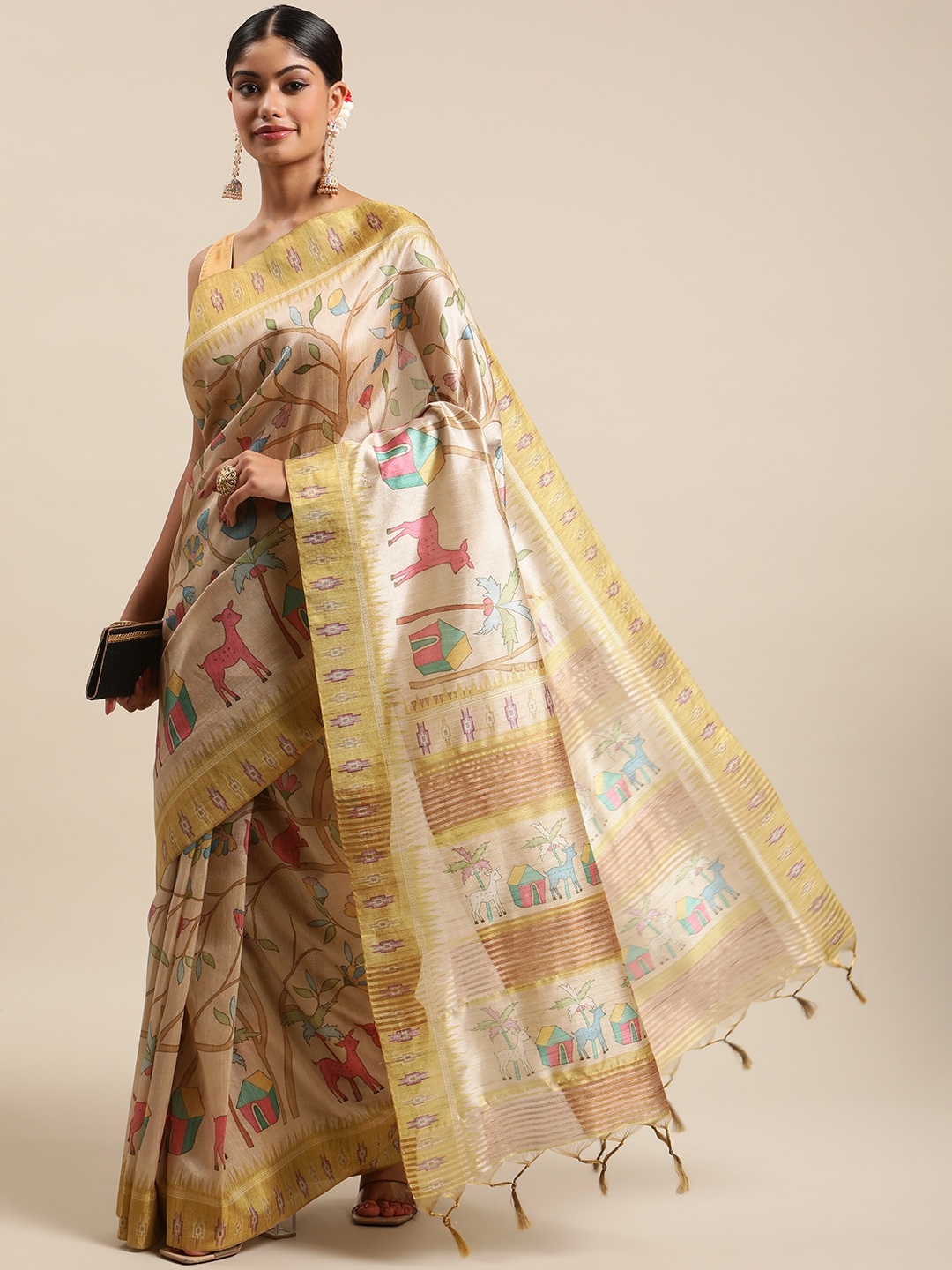 

VISHNU WEAVES Cream-Coloured & Green Kalamkari Zari Silk Cotton Tussar Saree