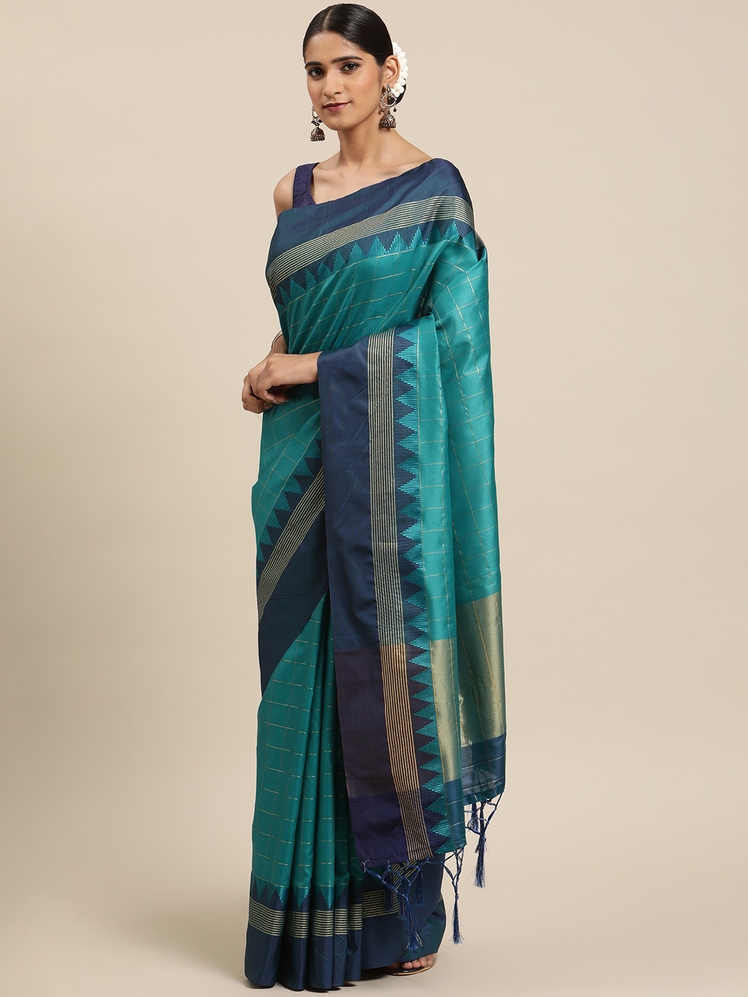 

VISHNU WEAVES Blue Checked Zari Banarasi Saree