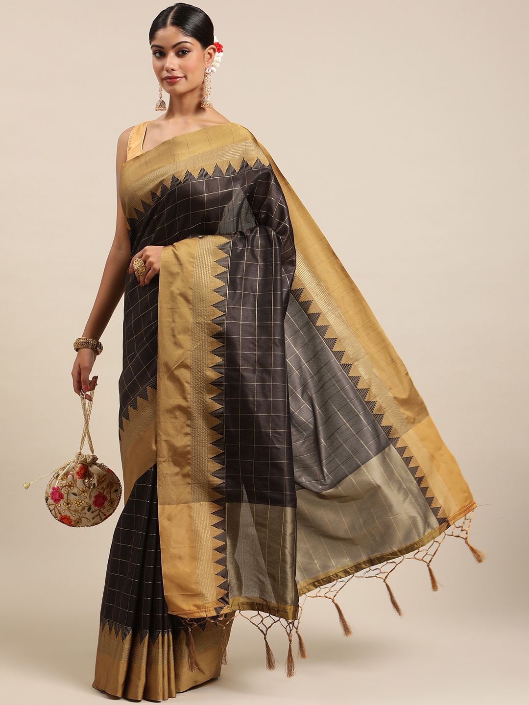 

VISHNU WEAVES Coffee Brown Checked Zari Banarasi Saree