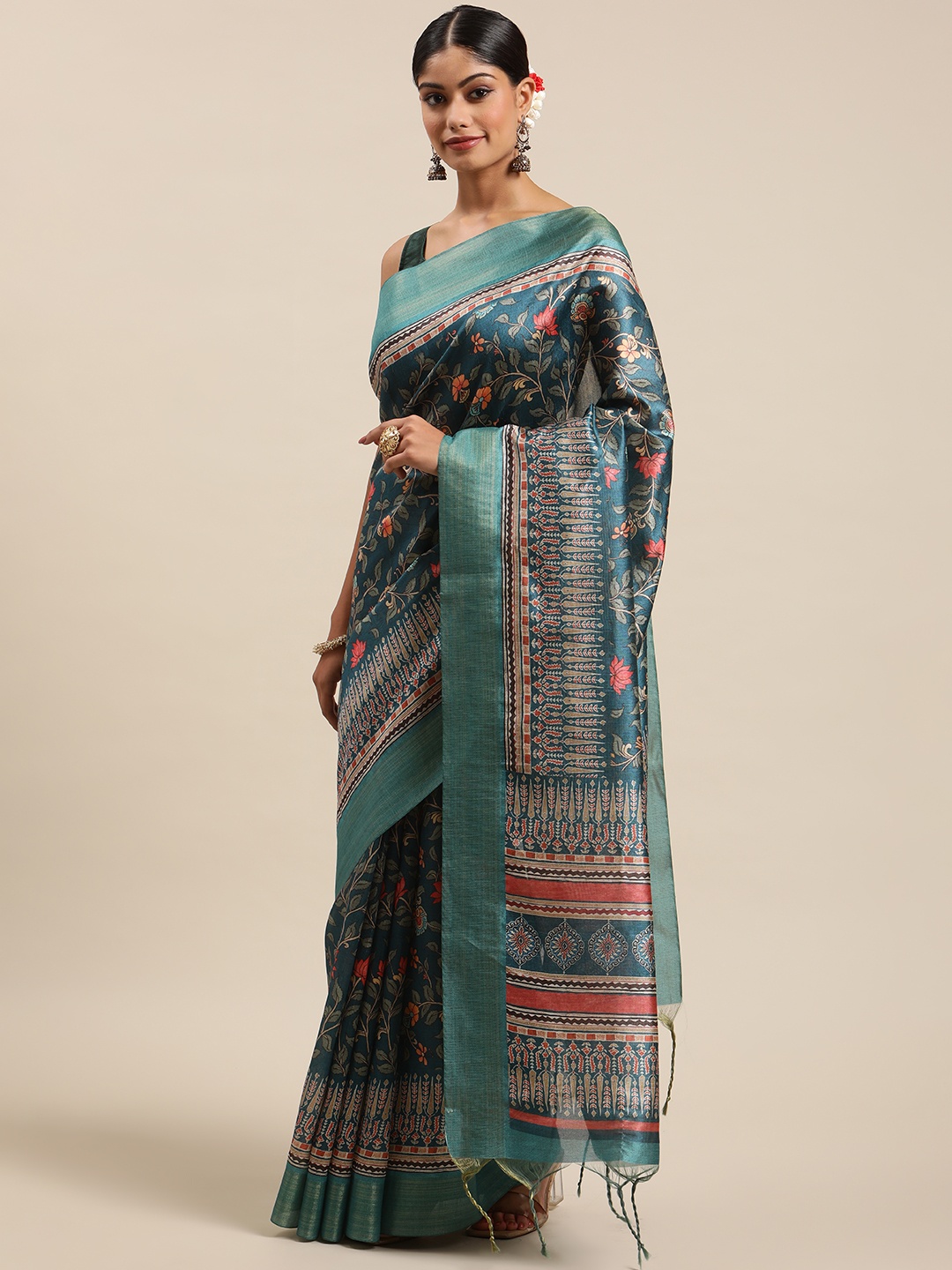 

VISHNU WEAVES Teal Green & Yellow Kalamkari Zari Silk Cotton Tussar Saree