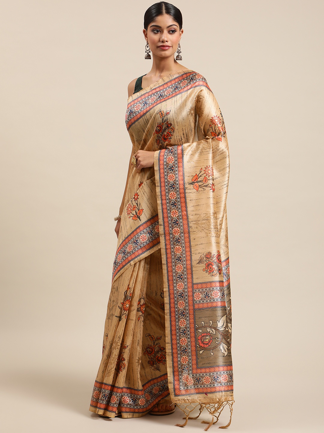 

VISHNU WEAVES Beige Ethnic Motifs Silk Cotton Tussar Saree