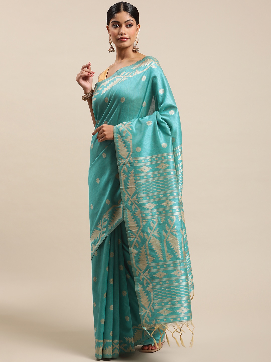 

VISHNU WEAVES Turquoise Blue Ethnic Motifs Bhagalpuri Saree