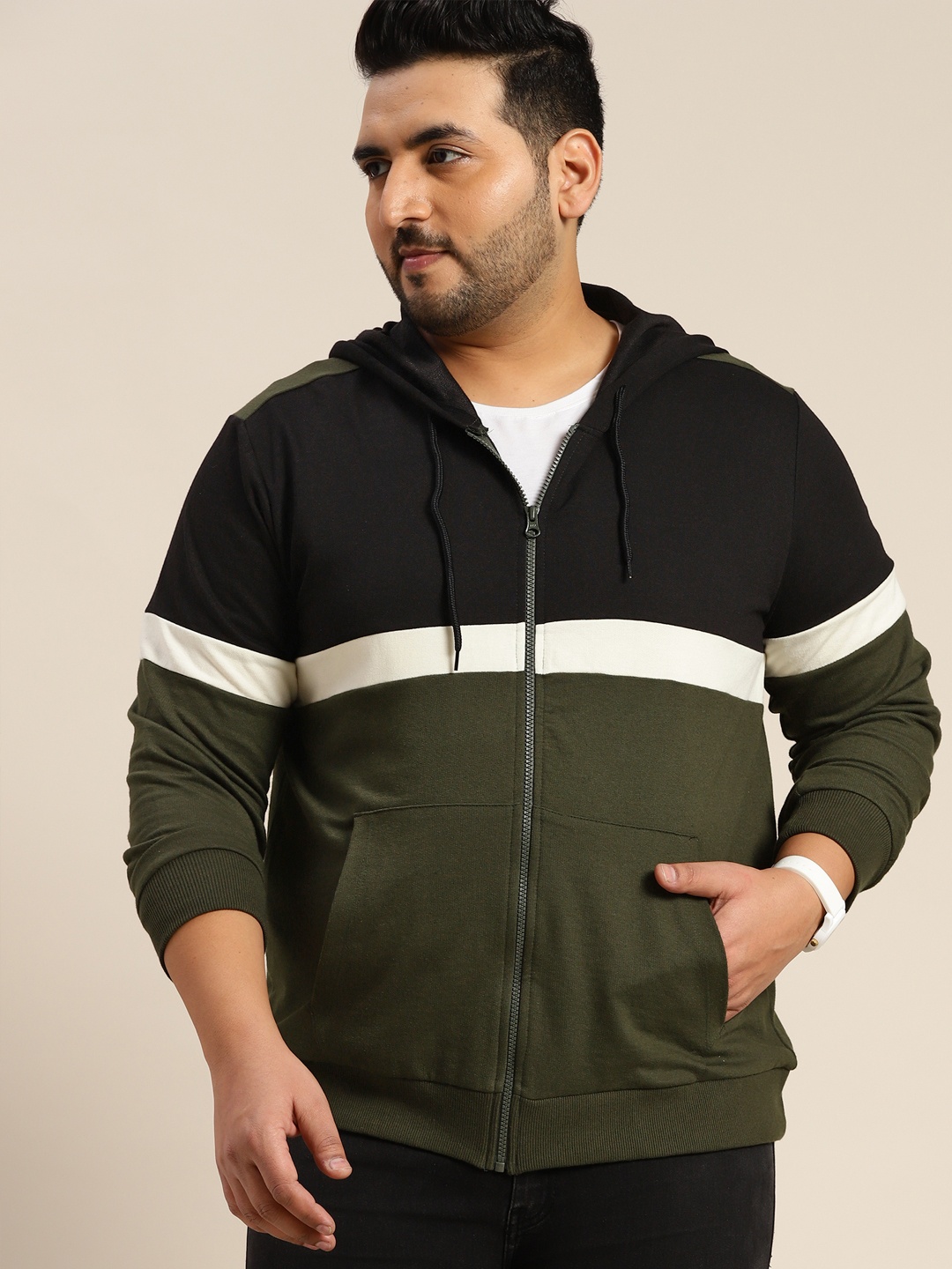 

Sztori Men Plus Size Olive Green & Black Colourblocked Hooded Sweatshirt