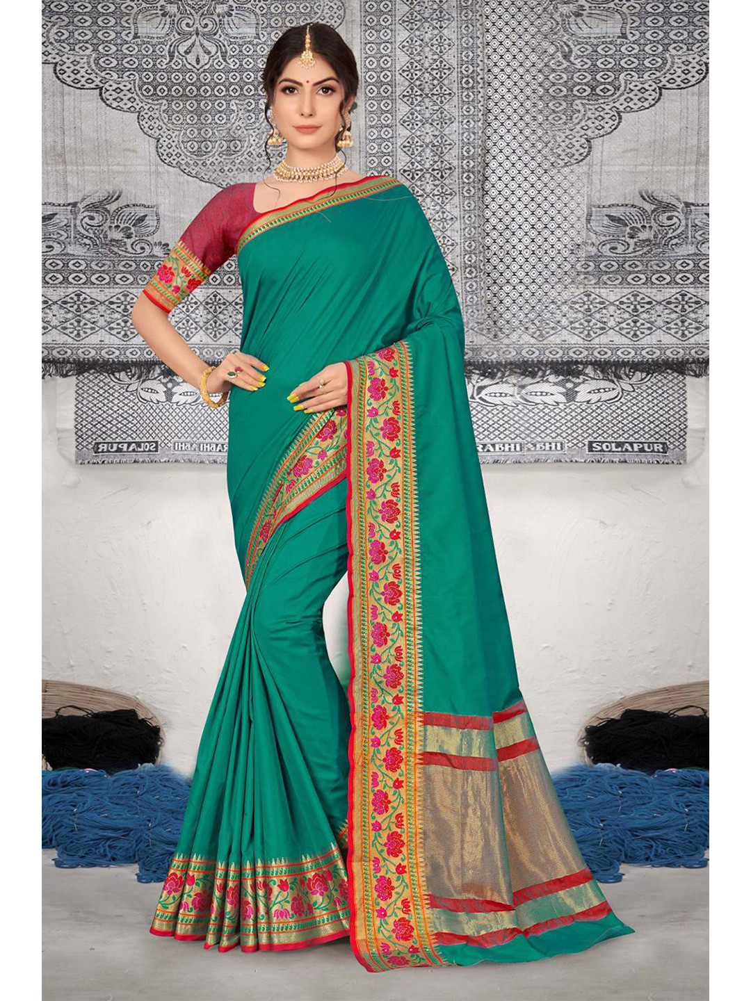 

KARAGIRI Teal & Pink Paithani Saree