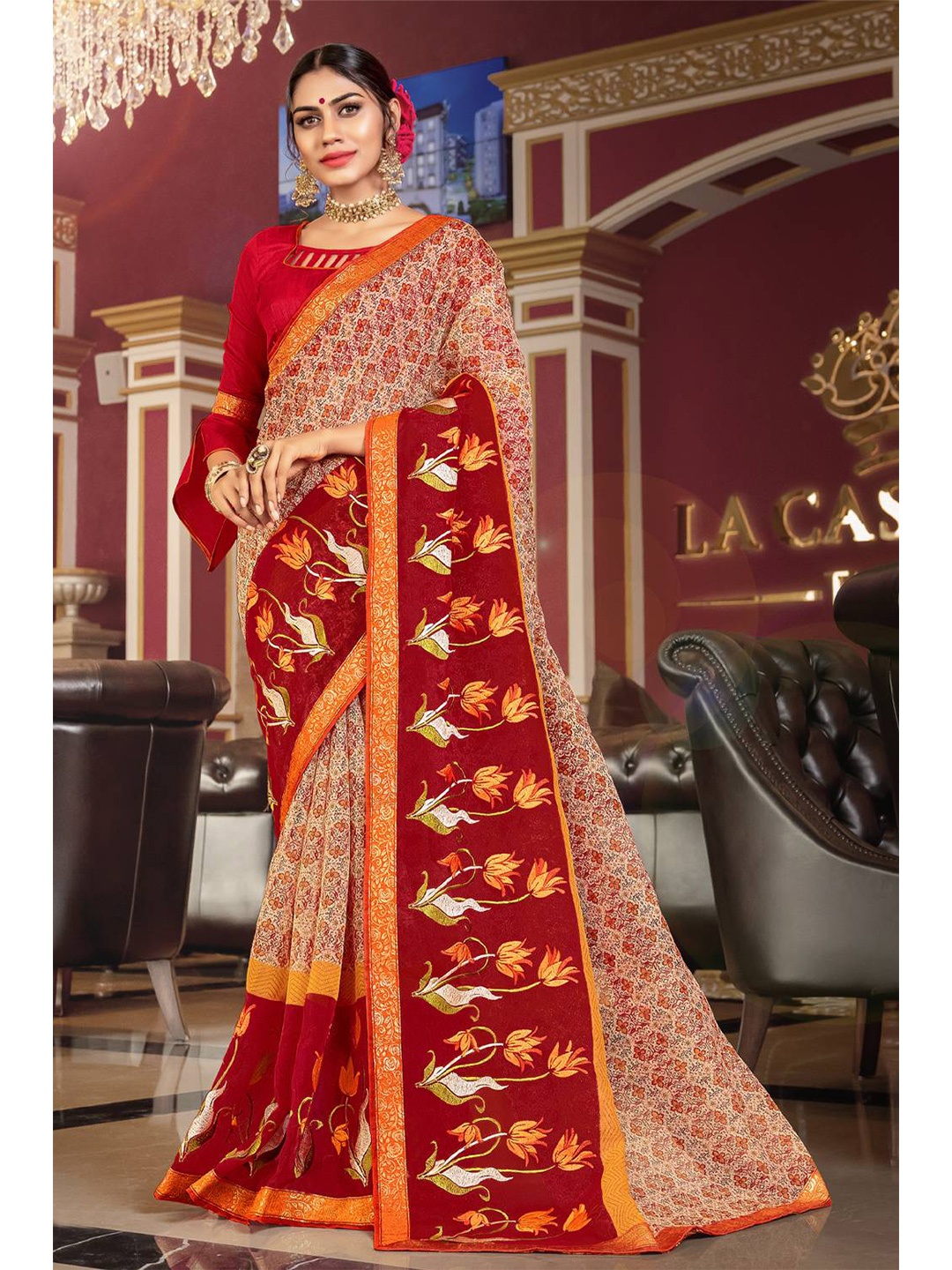 

KARAGIRI Red & Orange Floral Zari Saree