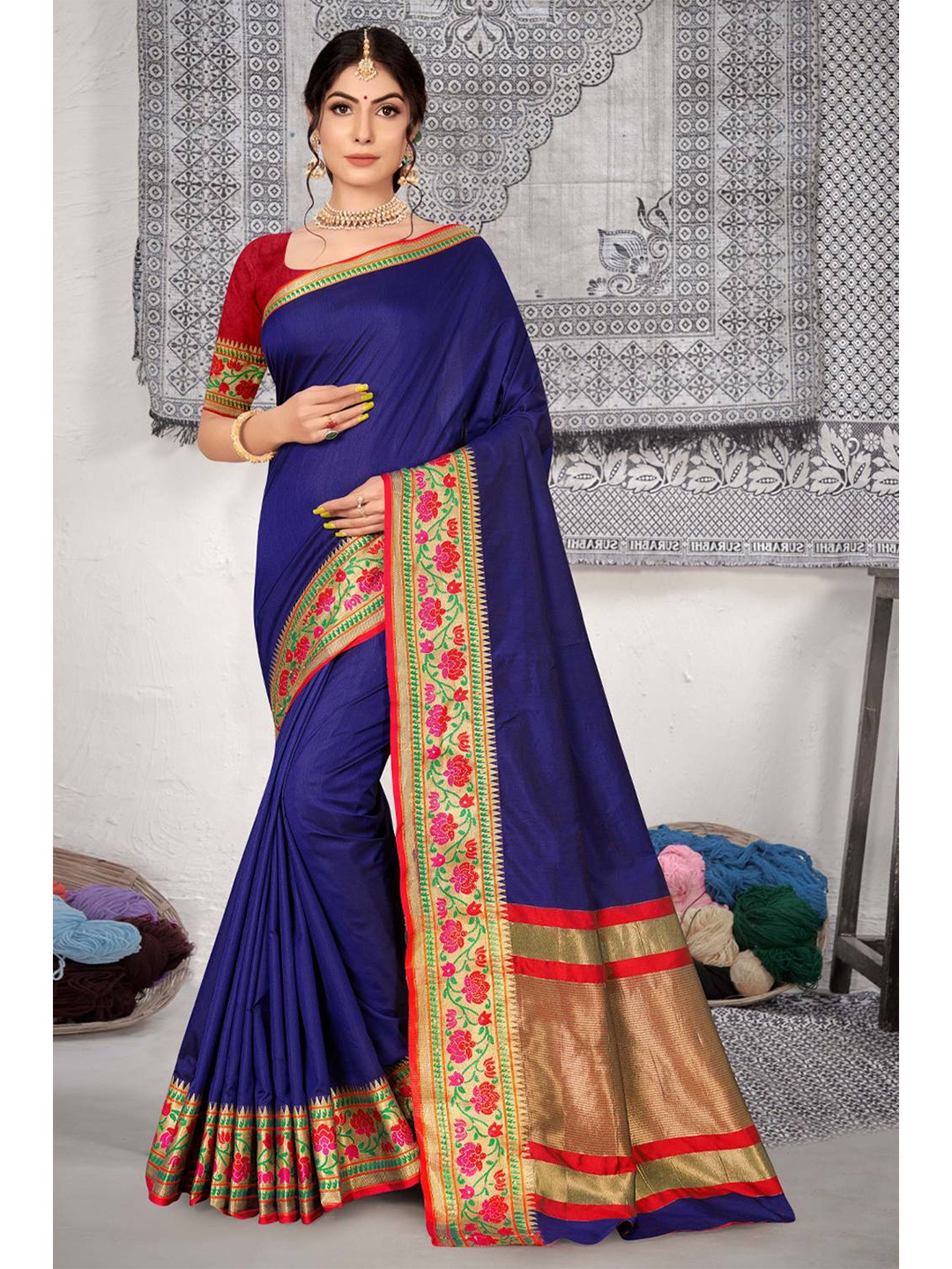 

KARAGIRI Blue & Red Zari Paithani Saree