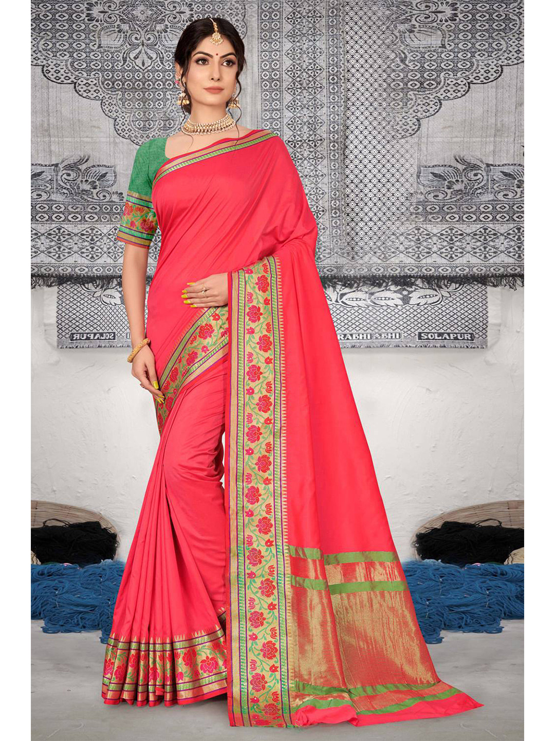 

KARAGIRI Pink & Green Zari Paithani Saree