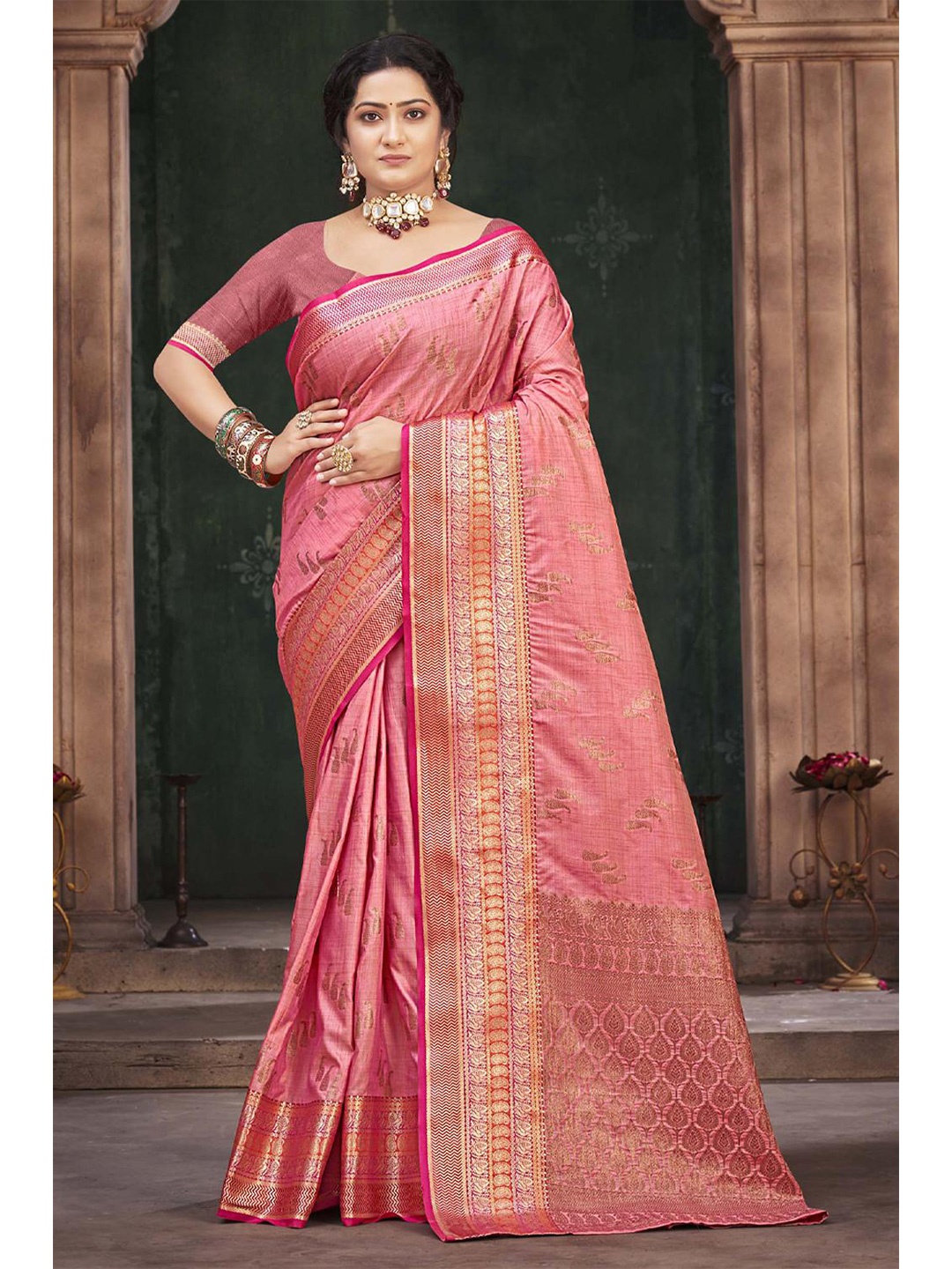 

KARAGIRI Pink & Gold-Toned Woven Design Zari Saree