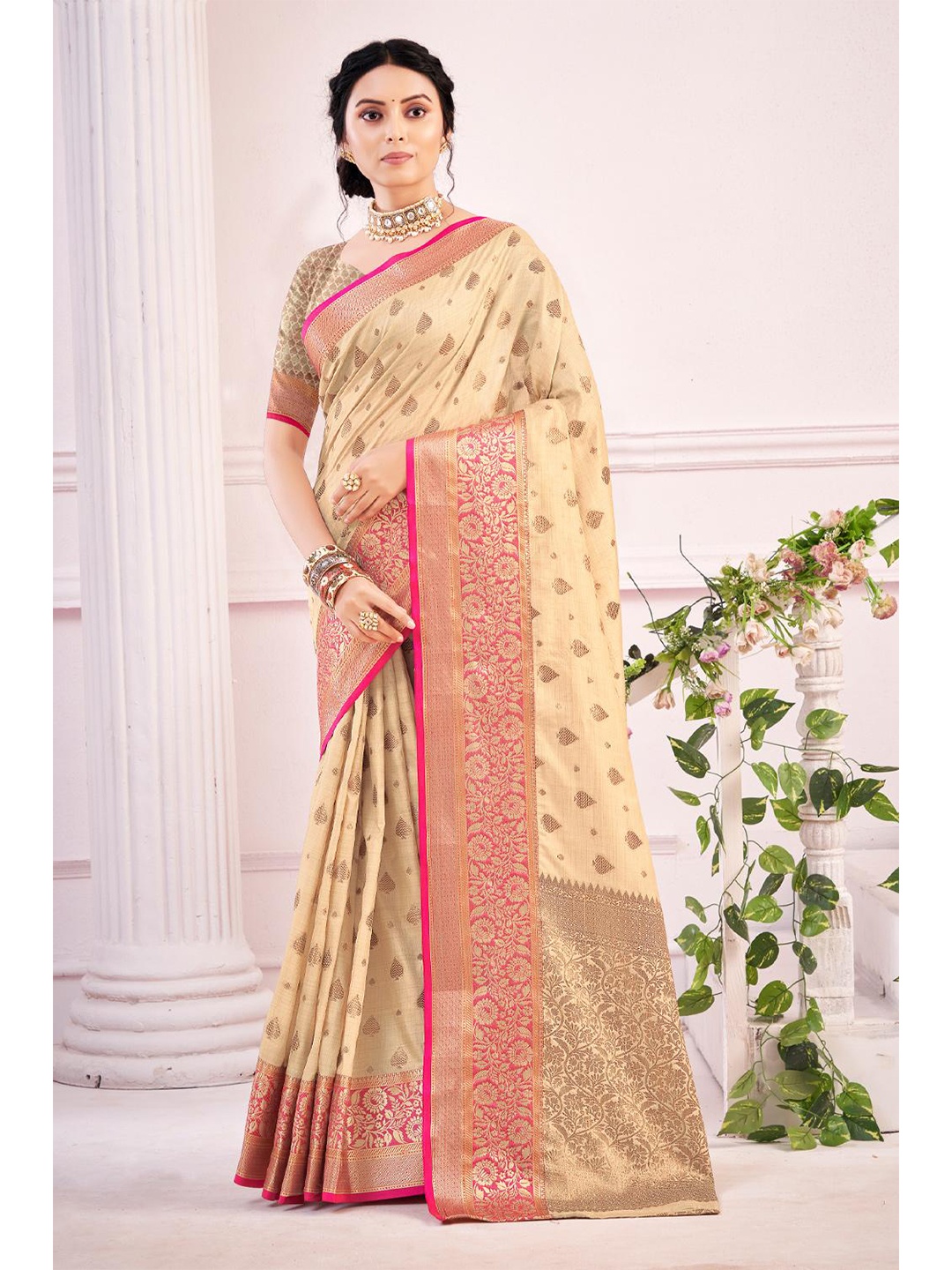 

KARAGIRI Beige & Pink Woven Design Zari Silk Blend Banarasi Saree