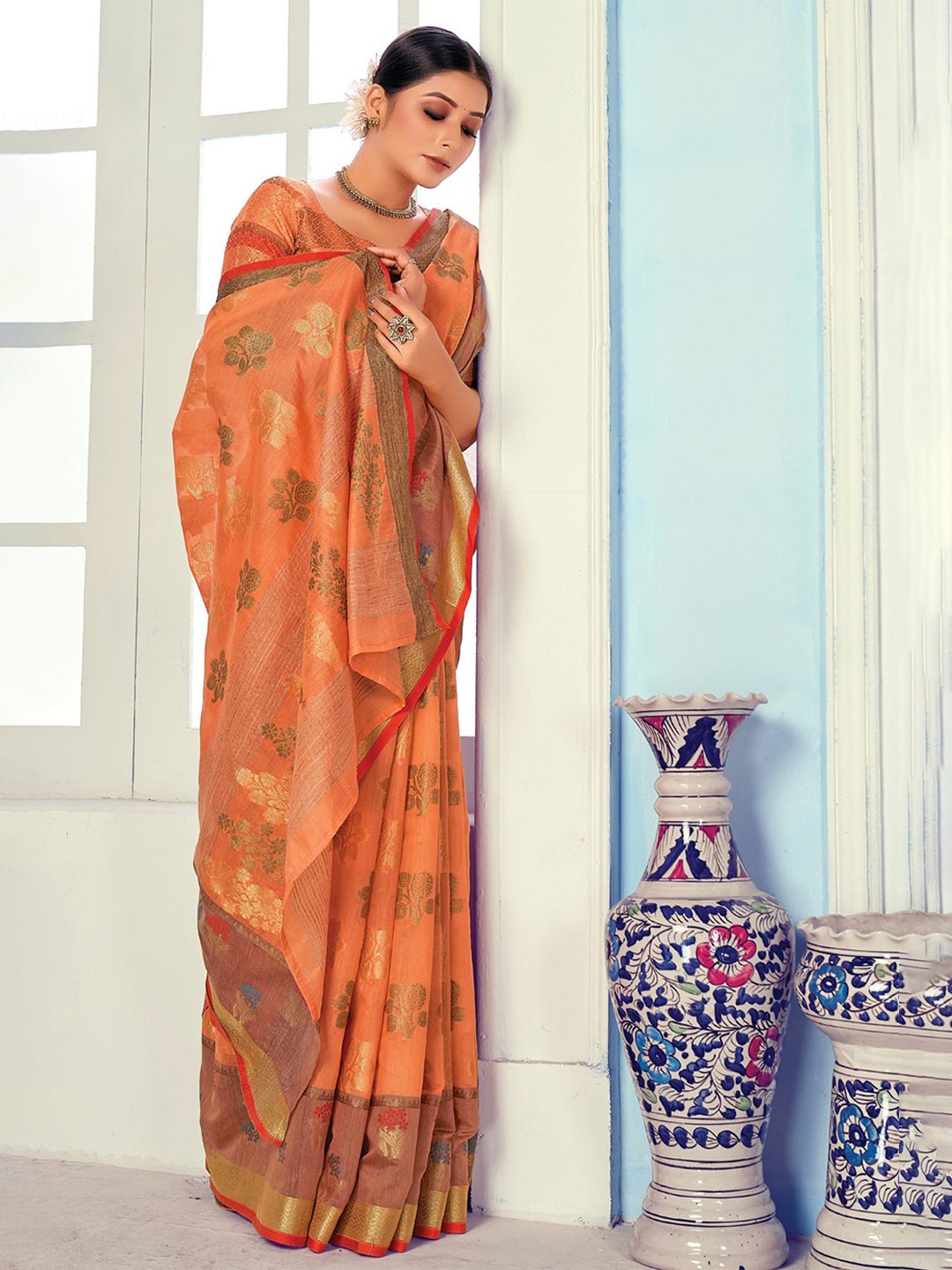 

KARAGIRI Peach-Coloured & Red Woven Design Zari Saree