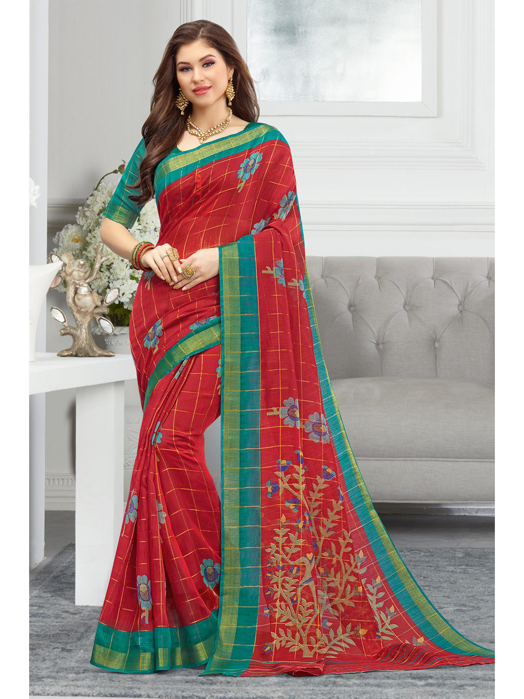 

KARAGIRI Red & Green Floral Printed Zari Cotton Saree