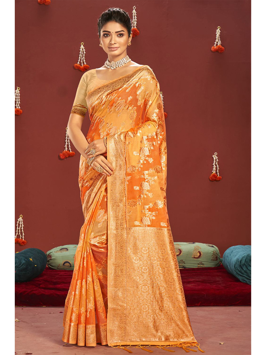 

KARAGIRI Orange & Gold-Toned Woven Design Zari Saree
