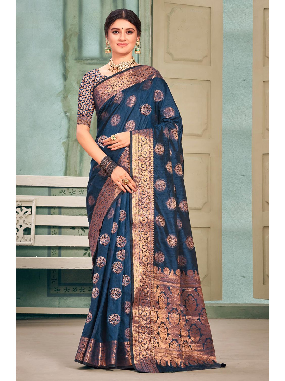 

KARAGIRI Blue & Copper-Toned Woven Design Zari Saree