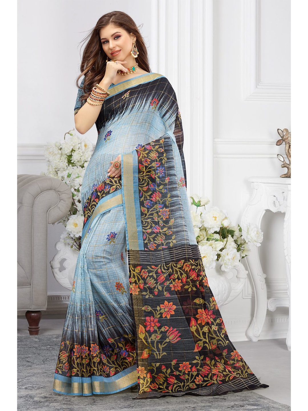

KARAGIRI Grey & Blue Floral Zari Saree