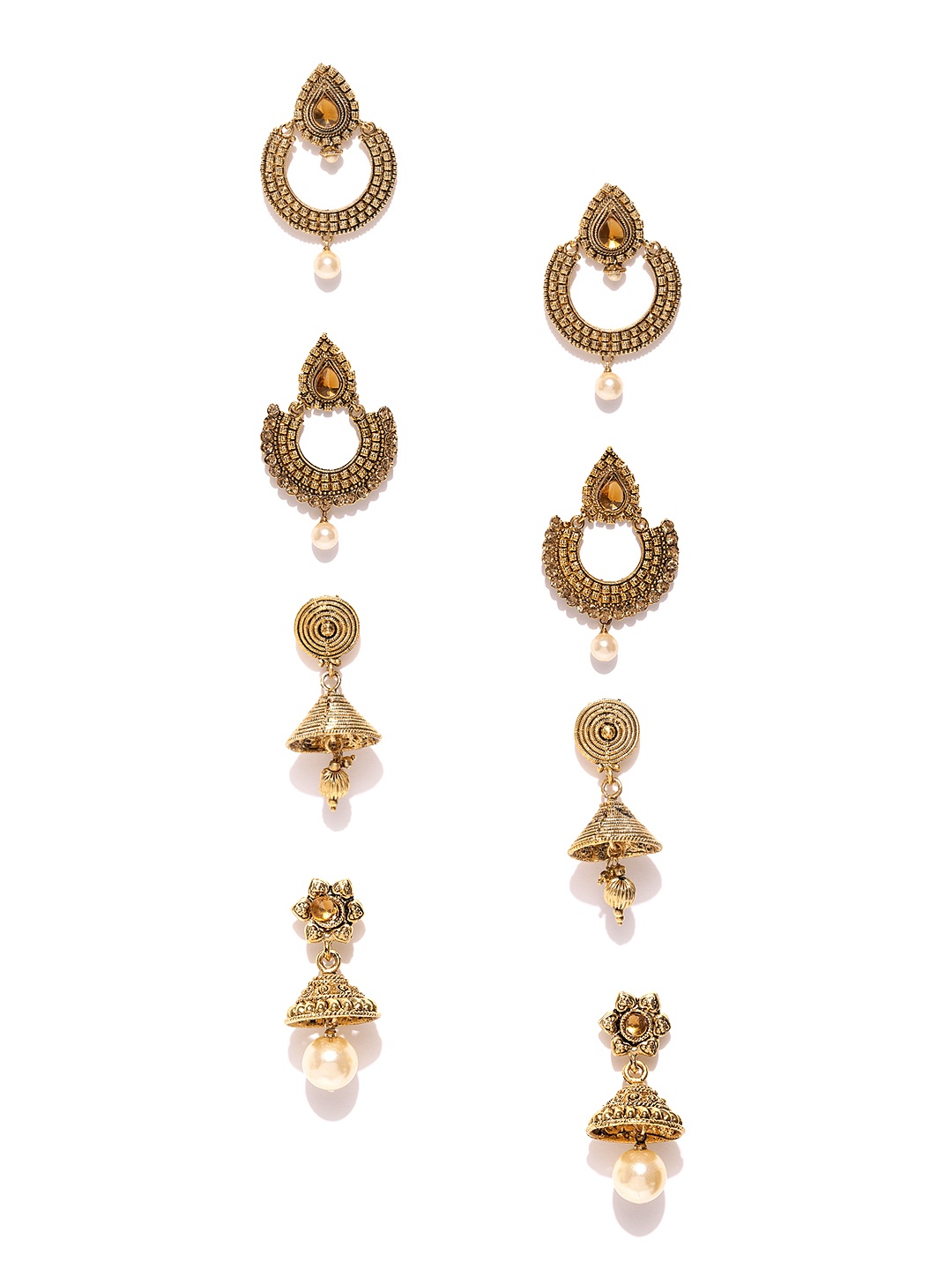 

Zaveri Pearls Set of 4 Antique Gold-Plated Stone-Studded Earrings