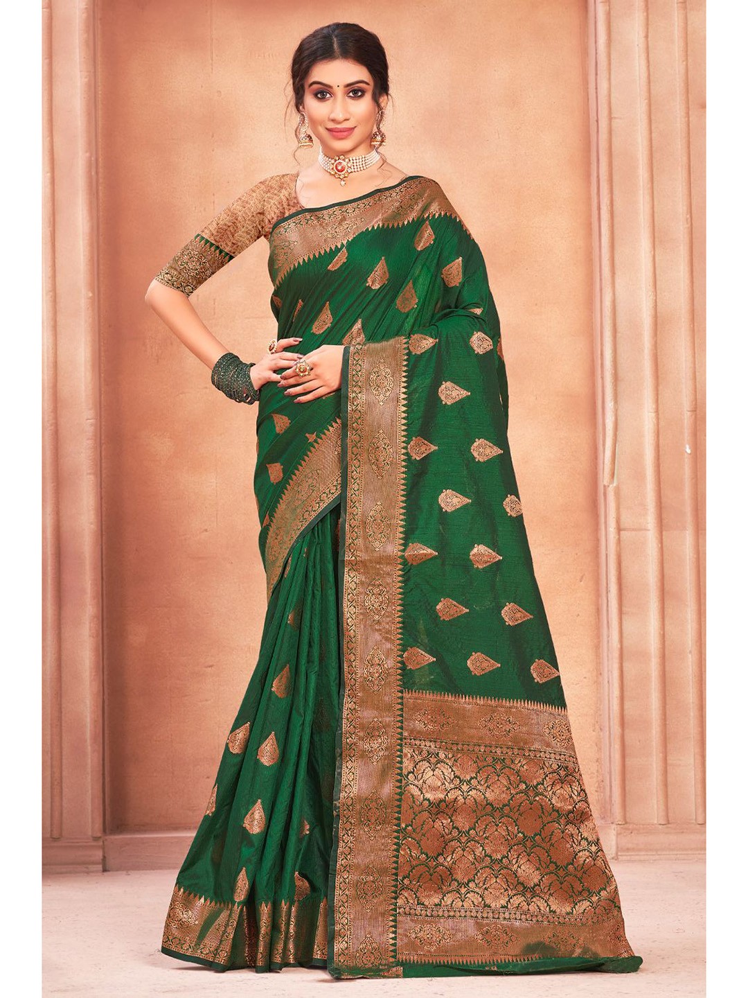 

KARAGIRI Green & Copper-Toned Woven Design Zari Saree