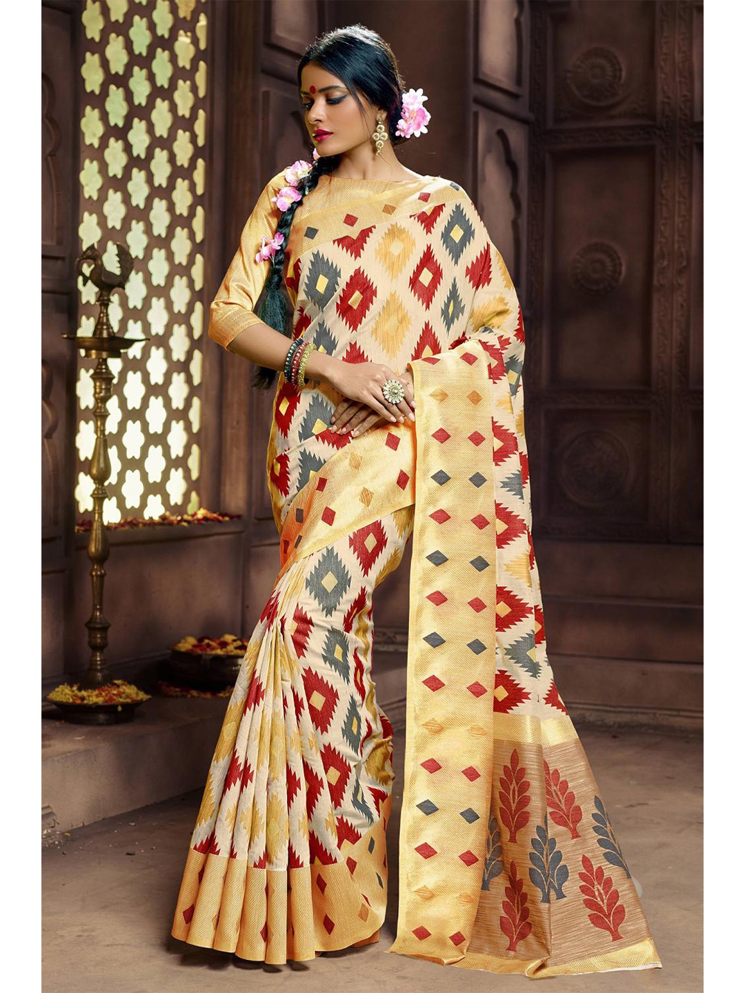 

KARAGIRI Beige And Gold Toned Woven Design Zari Banarasi Saree