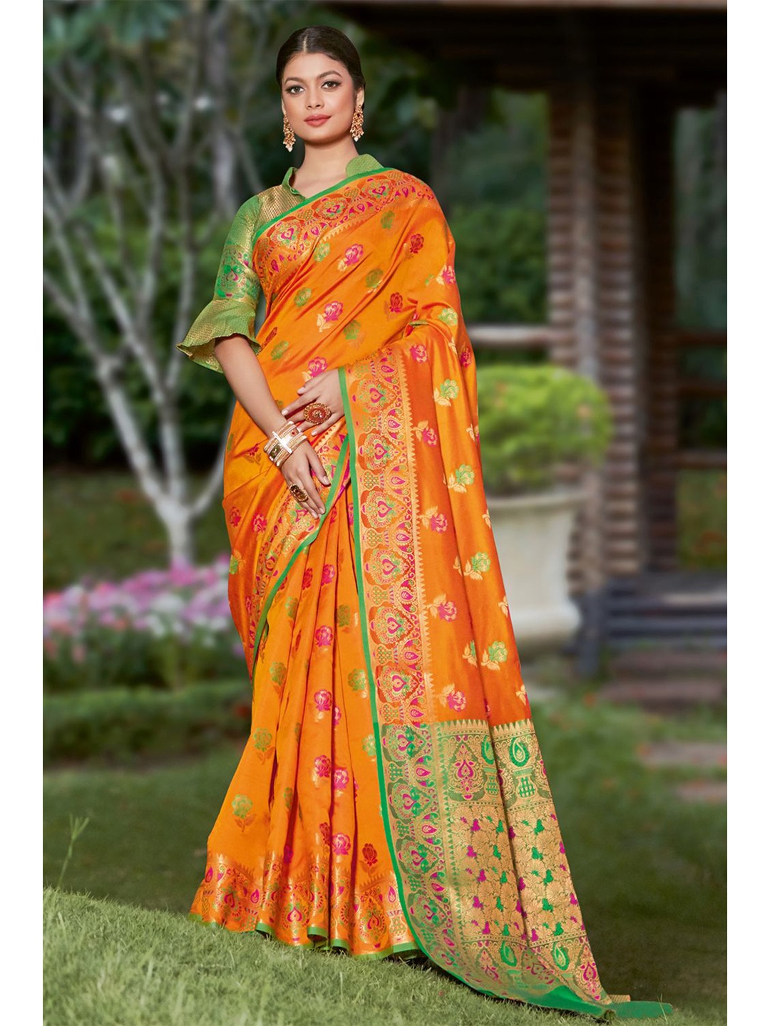 

KARAGIRI Orange And Green Woven Design Zari Banarasi Saree