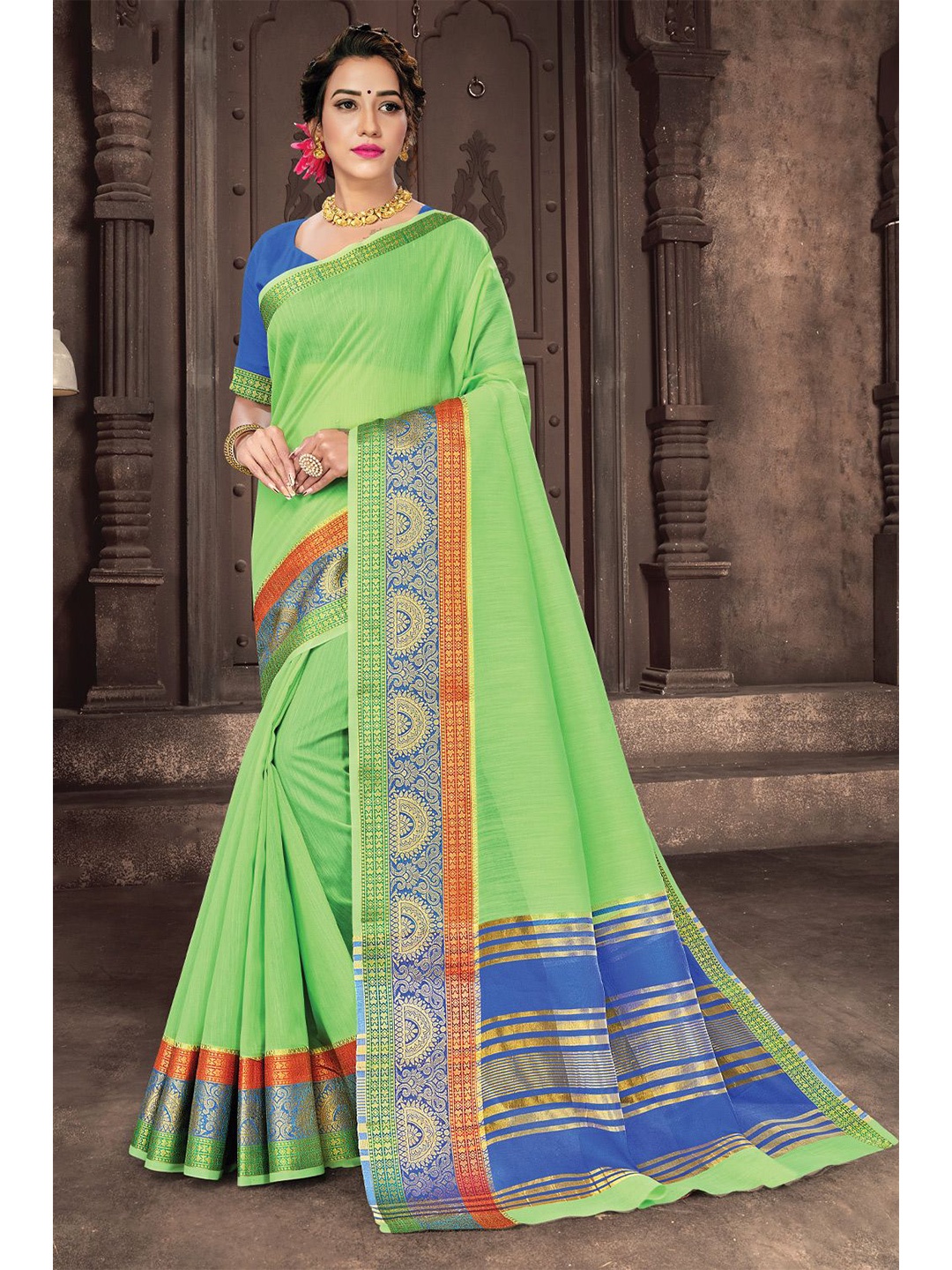 

KARAGIRI Green And Blue Woven Design Zari Cotton Saree