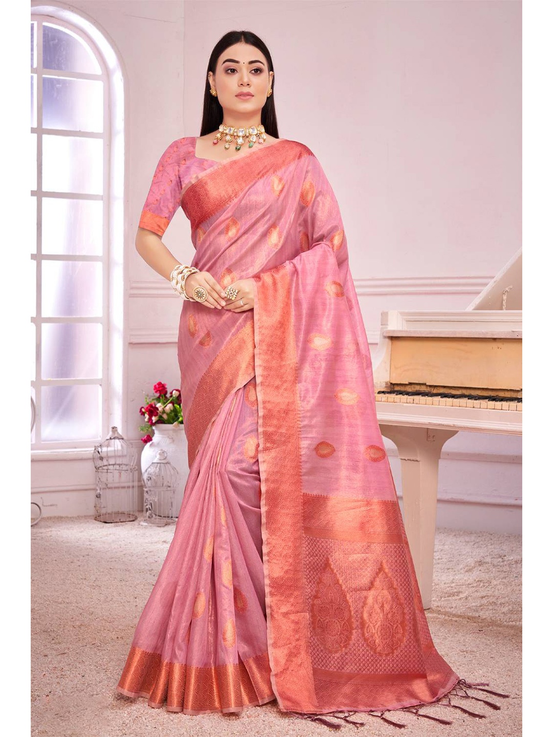 

KARAGIRI Pink And Gold Toned Woven Design Zari Organza Saree