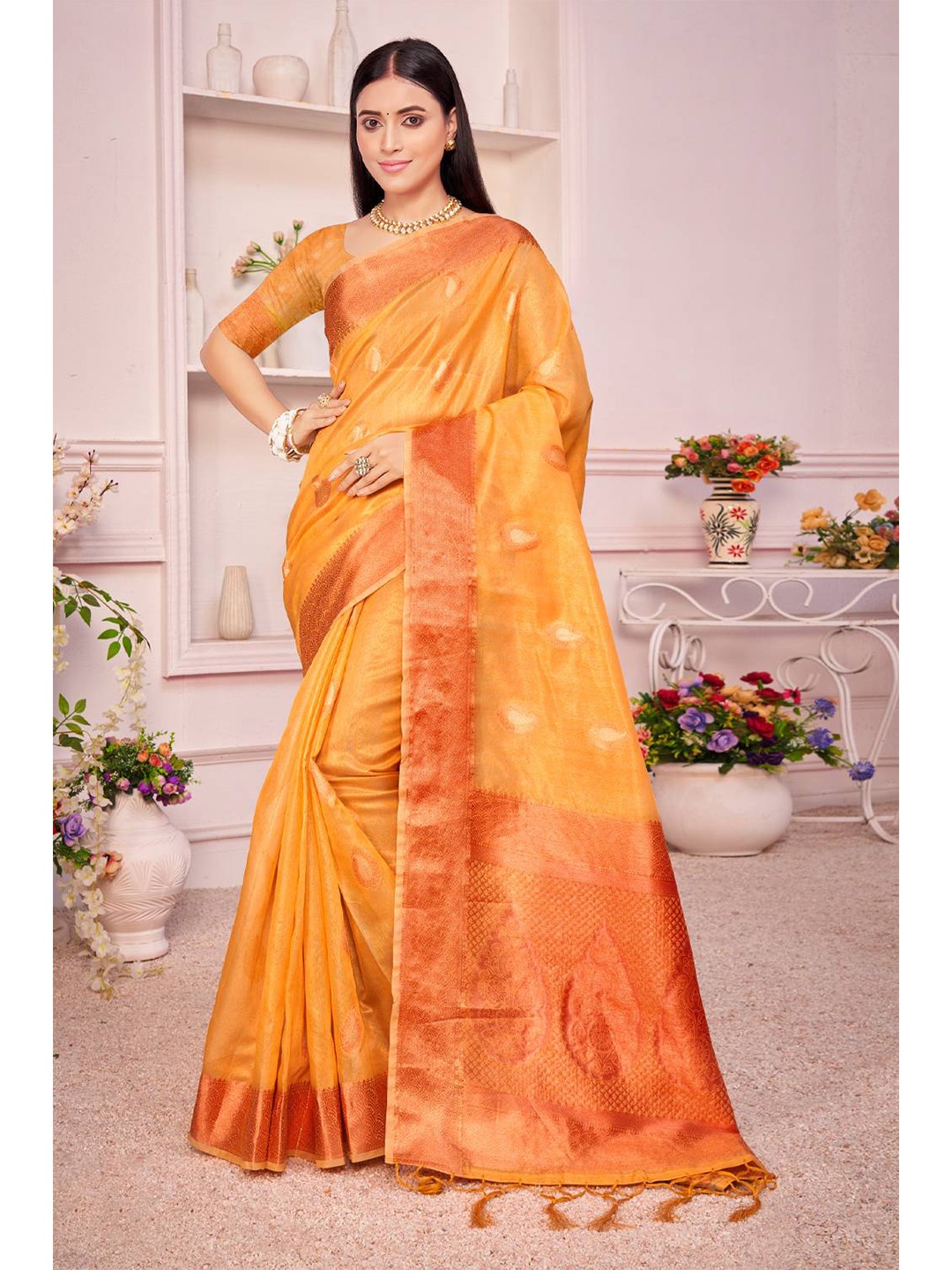 

KARAGIRI Mustard Yellow And Gold Toned Woven Design Zari Organza Saree