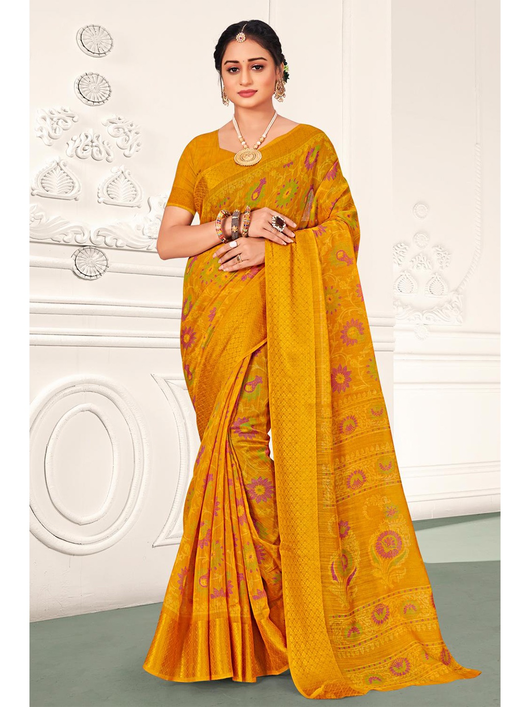 

KARAGIRI Mustard & Green Woven Design Zari Saree