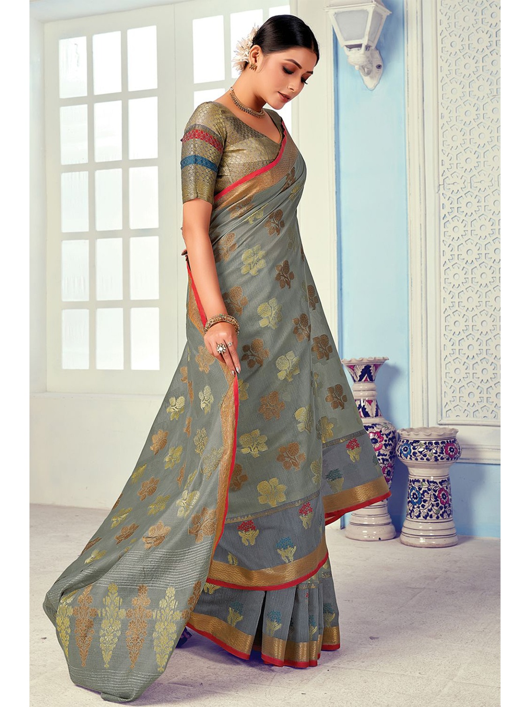 

KARAGIRI Grey & Red Woven Design Zari Saree