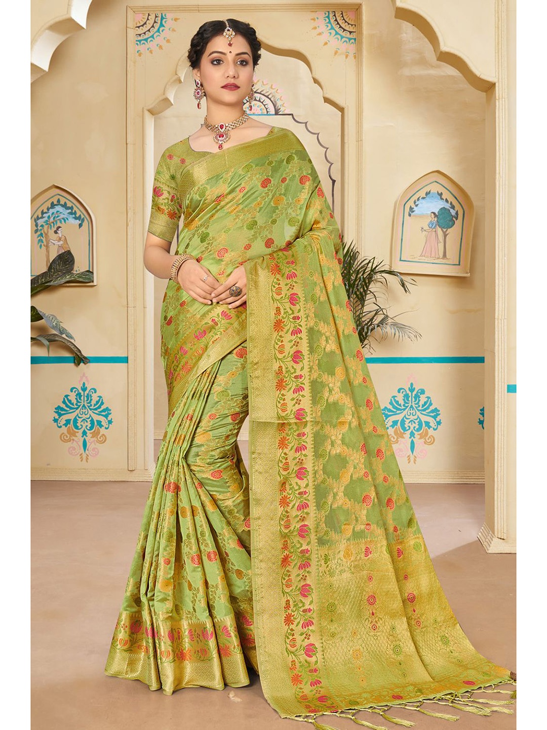 

KARAGIRI Green & Red Woven Design Zari Organza Saree