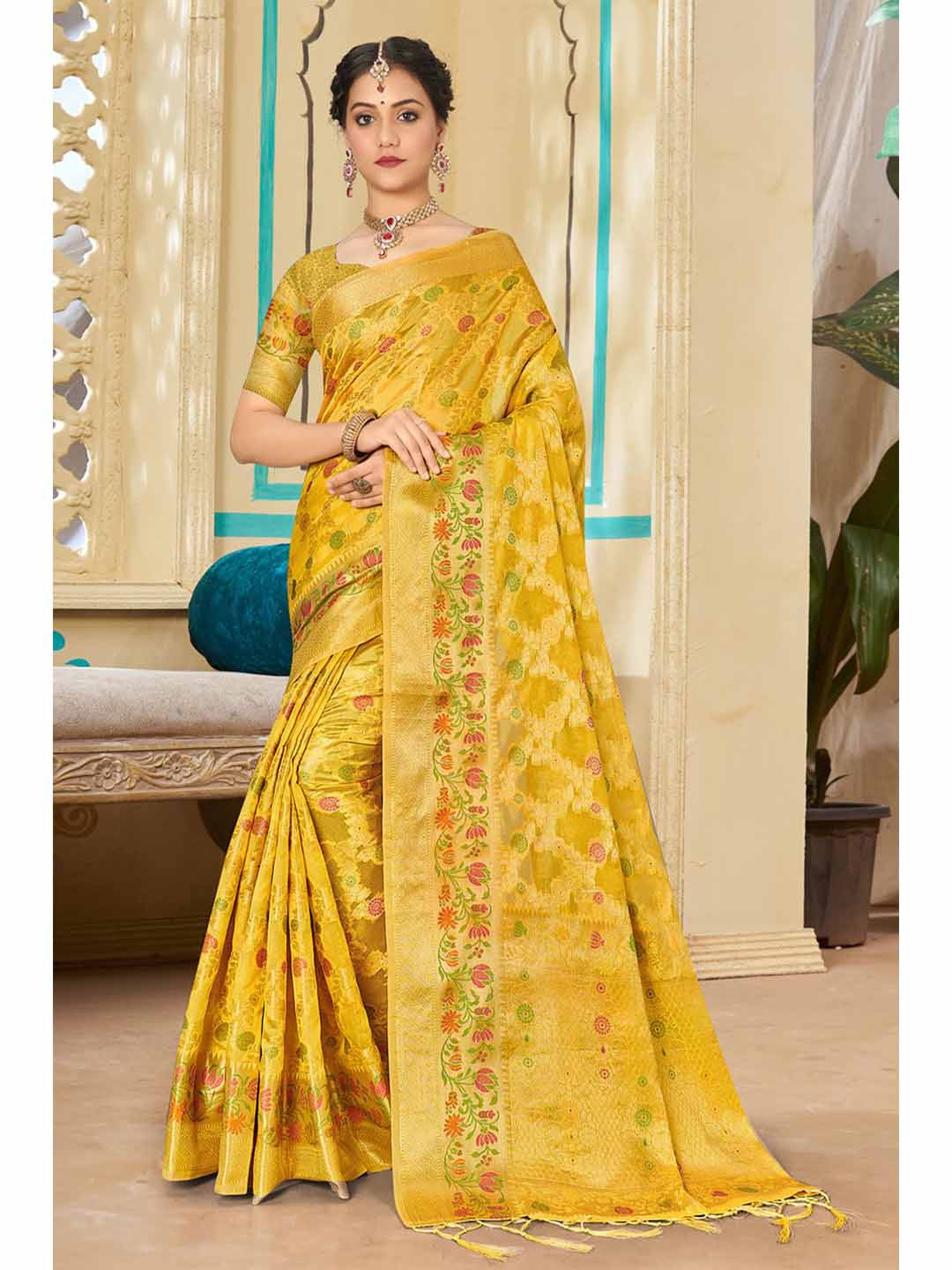 

KARAGIRI Yellow & Green Woven Design Zari Organza Saree