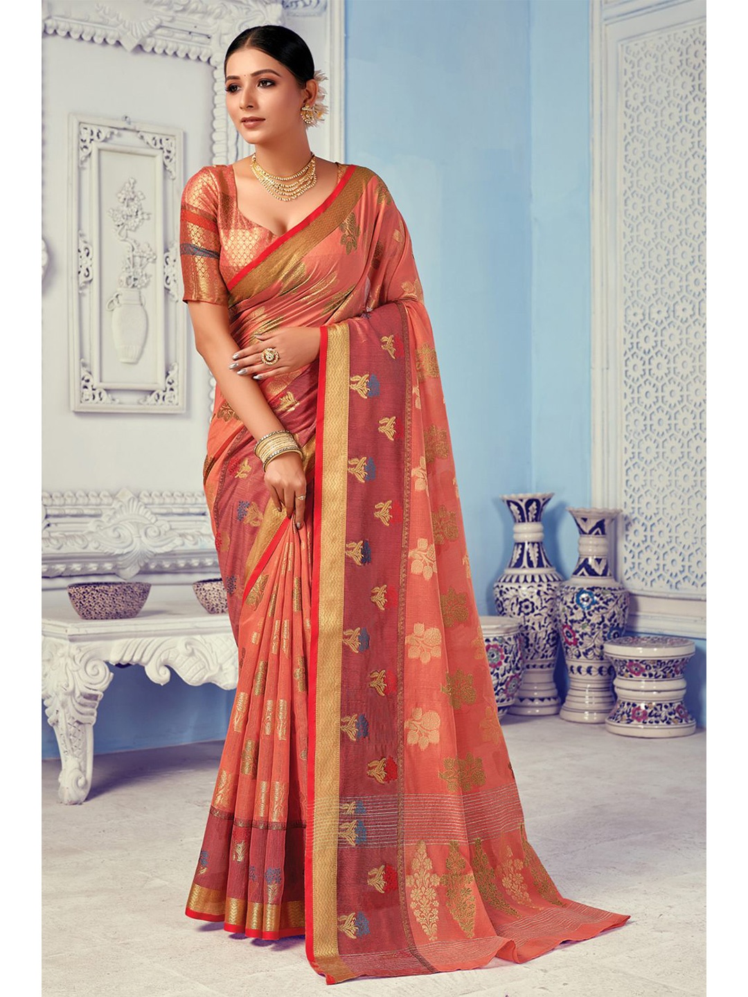 

KARAGIRI Pink & Blue Woven Design Zari Saree