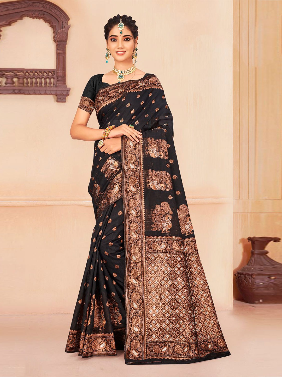 

KARAGIRI Black & Gold-Toned Woven Design Zari Saree