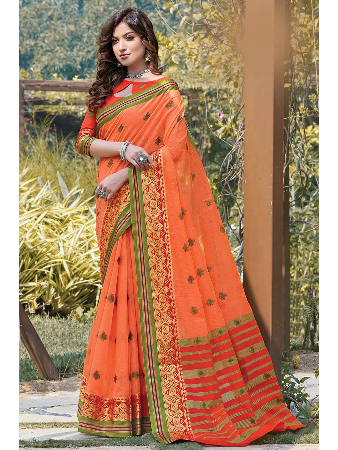 

KARAGIRI Peach-Coloured & Green Woven Design Zari Saree