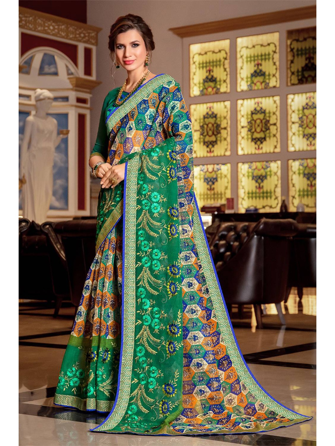 

KARAGIRI Green & Blue Floral Embroidered Saree