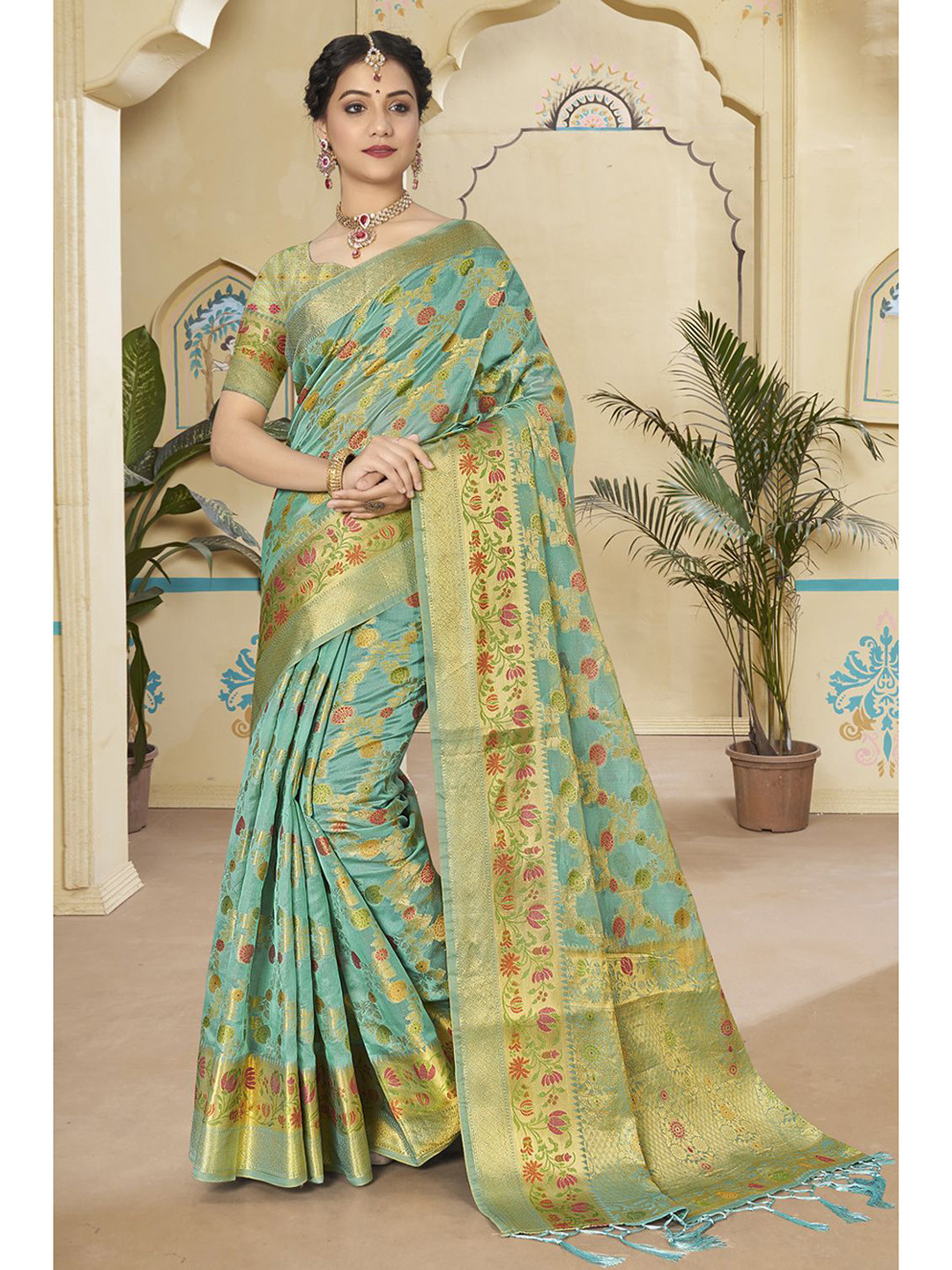 

KARAGIRI Blue & Pink Woven Design Zari Organza Saree