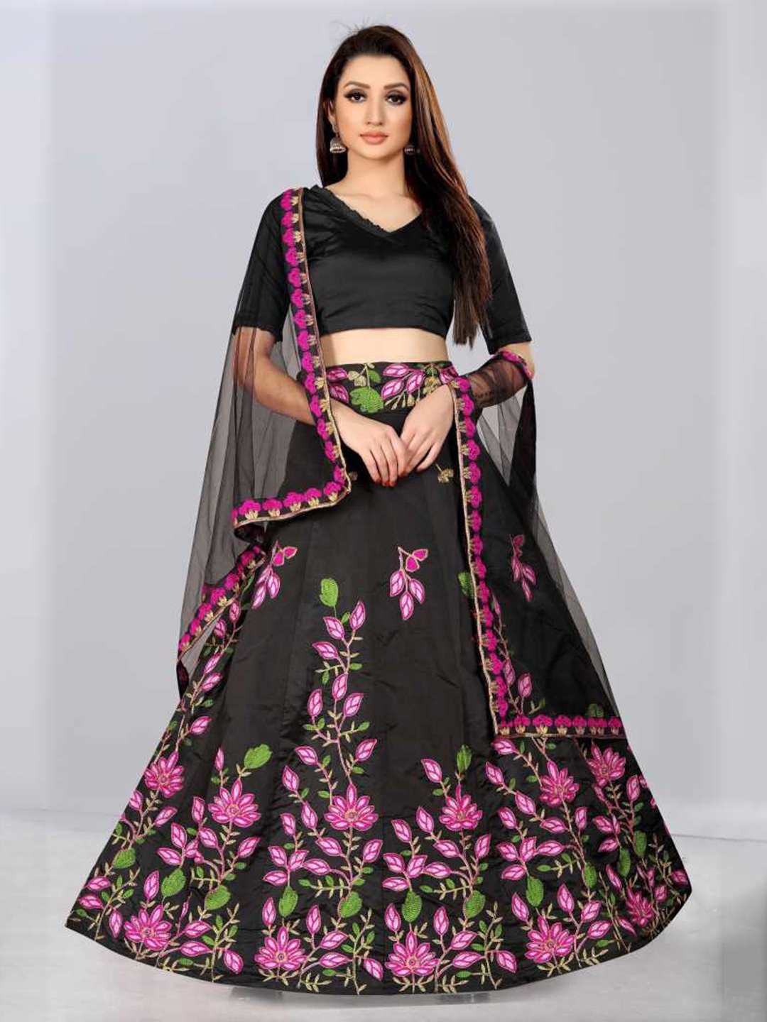 

JSItaliya Black & Pink Thread Work Semi-Stitched Lehenga & Unstitched Blouse With Dupatta