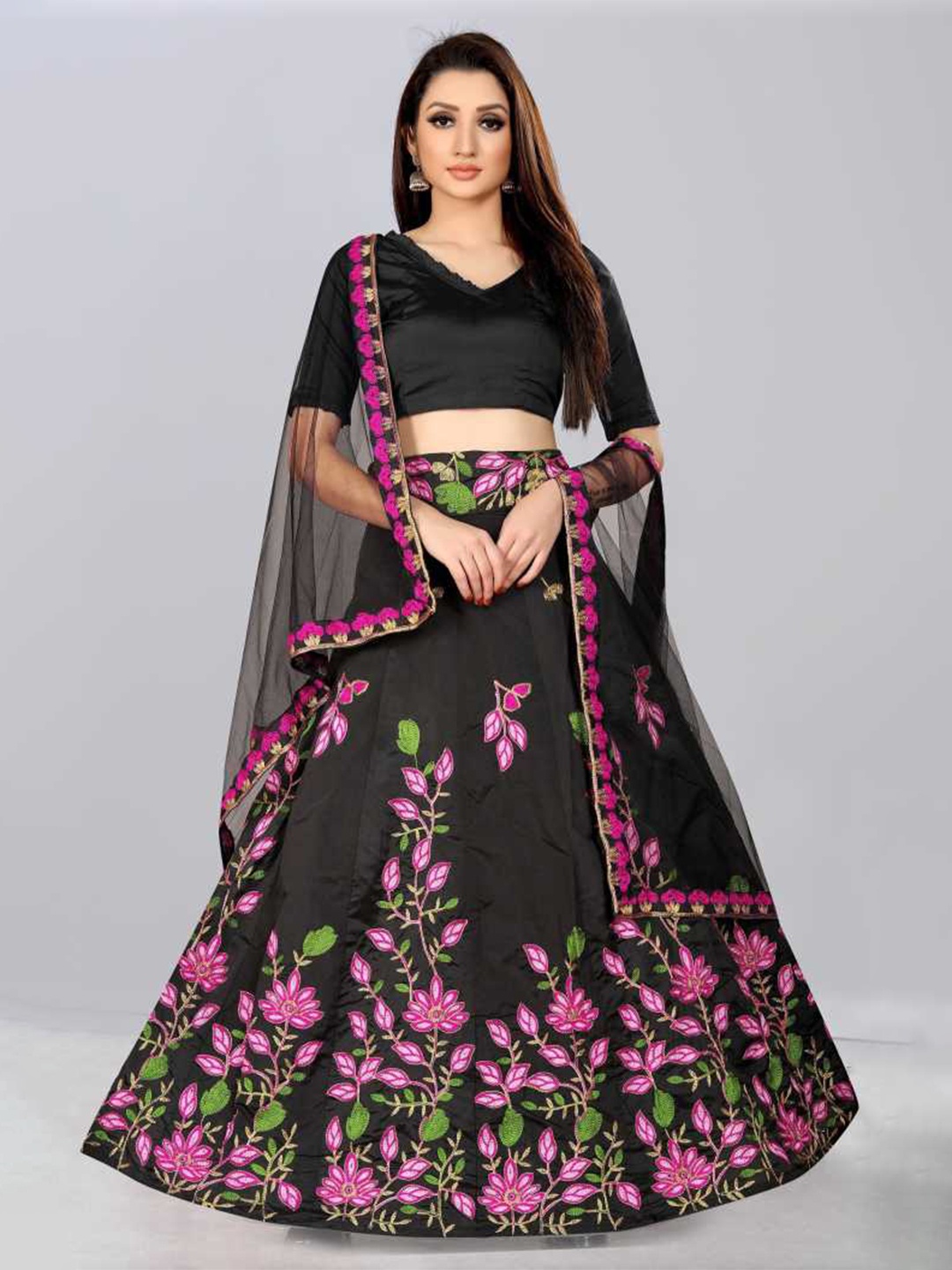 

JSItaliya Women Thread Work Semi-Stitched Lehenga & Unstitched Blouse With Dupatta, Black