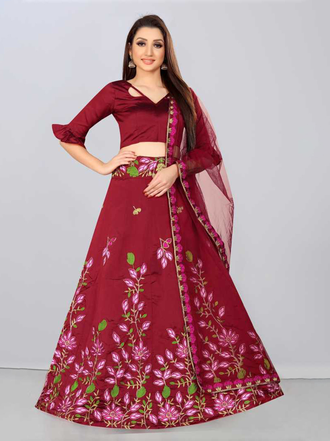 

JSItaliya Maroon & Pink Thread Work Semi-Stitched Lehenga & Unstitched Blouse With Dupatta