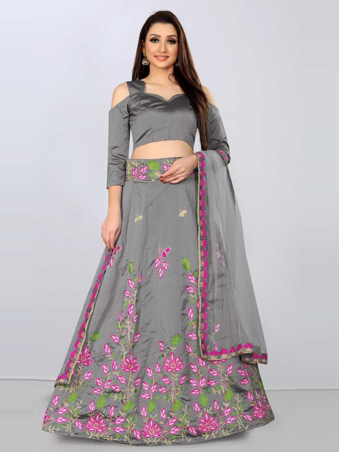 

JSItaliya Women Thread Work Semi-Stitched Lehenga & Unstitched Blouse With Dupatta, Grey