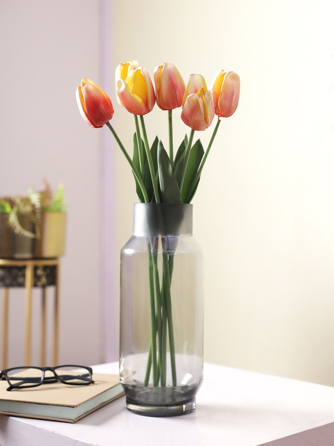 

TAYHAA Set Of 6 Orange & Green Textured Artificial Tulip Flowers