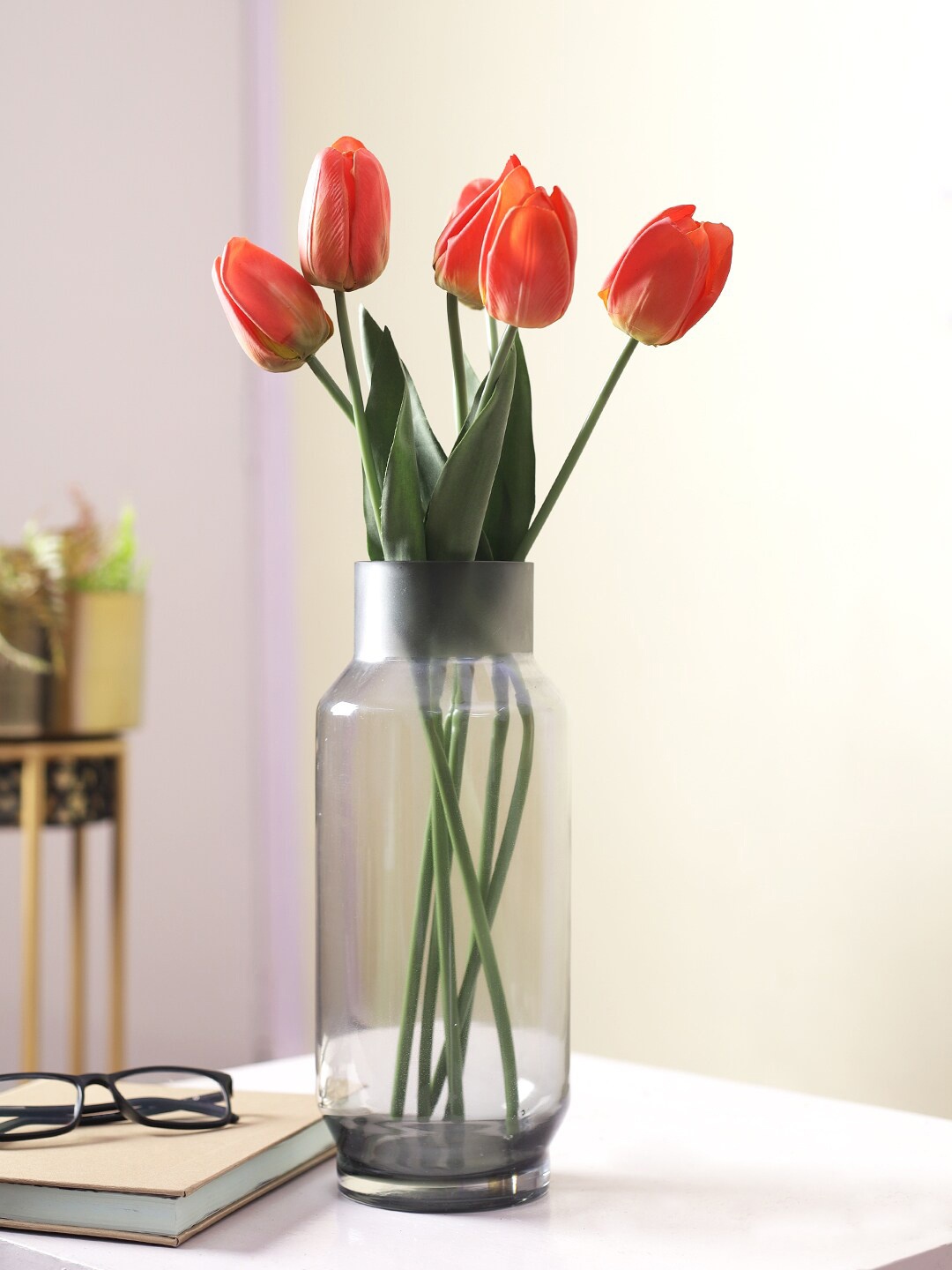 

TAYHAA Set Of 6 Red & Green Shaded Tulip Artificial Flower Sticks