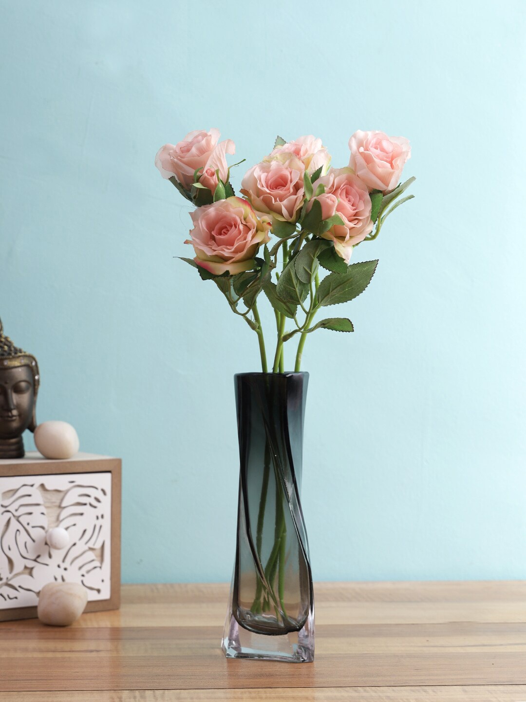 

TAYHAA Set Of 2 Peach Coloured & Green Rose Artificial Flower Stick